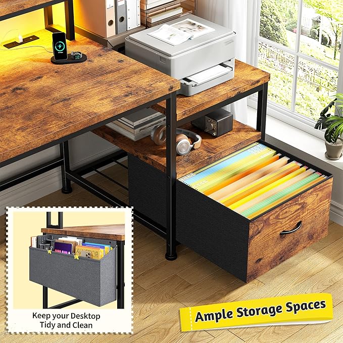 Computer Desk with Monitor Stand,Office Desk with LED Lights &Power Outlets,Gaming Desk with Drawers & Printer Shelf,Writing Table with Side Storage Bag,57" W x 20" D x 36" H,Rustic Brown