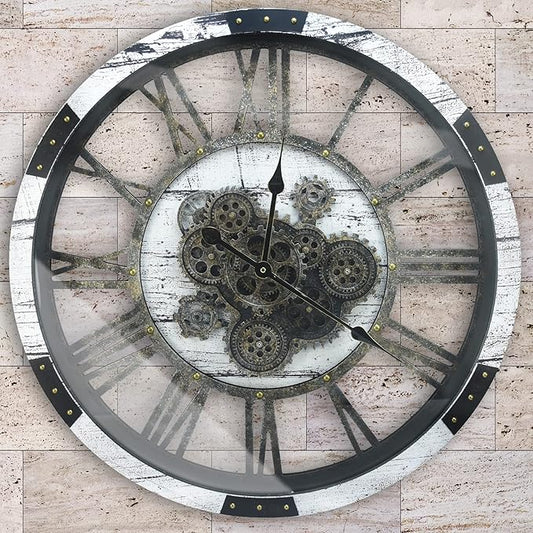 DORBOKER 27 Inch Large Wall Clock Farmhouse Wooden Clock with Moving Gears HD Toughened Glass Cover, Oversized Industrial Steampunk Rustic Wall Clock for Living Room Decor Home Kitchen Office (White)