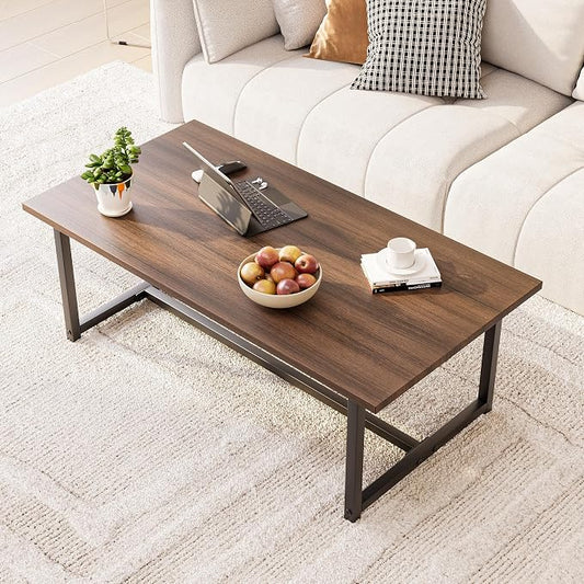 35.4" Rectangular Coffee Table for Living Room, Modern Industrial Style Coffee Table Center Table with Metal Frame for Small Space, Apartment, Office, Easy Assembly, Walnut