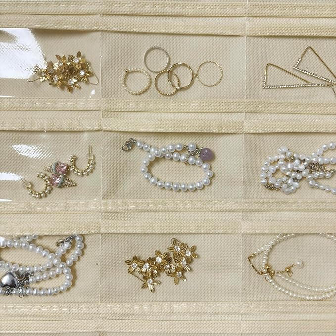 1 Pack Hanging Jewelry Organizer 80-Pocket Dual-sided Jewelry Storage for Earring Necklace Bracelet Ring Travel Holder, White and Beige
