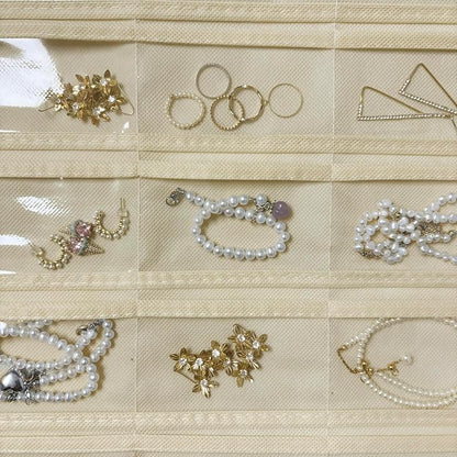 1 Pack Hanging Jewelry Organizer 80-Pocket Dual-sided Jewelry Storage for Earring Necklace Bracelet Ring Travel Holder, White and Beige