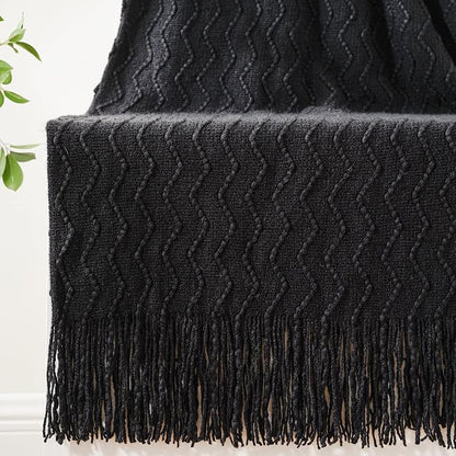 BATTILO HOME Black Throw Blanket for Couch, Boho Black Throws for Home Decor, Soft Throw Blankets for Bedroom Decor Housewarming Gifts, 50"x60"
