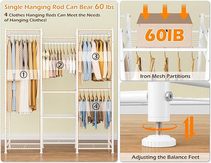HOMIDEC Wardrobe Closet, 4 Hanging Spaces Portable Clothes Rack,Free Standing Closet Organizer and Storage System with Hanging Rods,Clothing Rack Suitable for Cloakroom,Bedroom,Entrances,etc.White