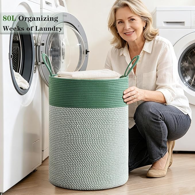 80L Extra Large Green Laundry Hamper Basket, Tall Woven Hamper for Bedroom, Cotton Rope Laundry Basket for Clothes, 16x22 Inches