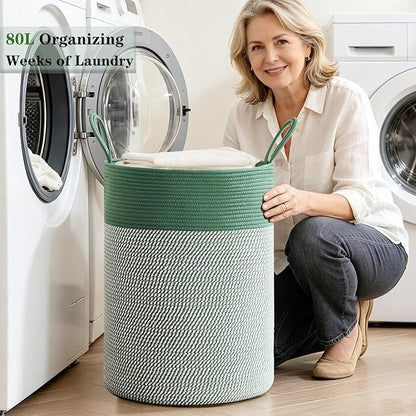 80L Extra Large Green Laundry Hamper Basket, Tall Woven Hamper for Bedroom, Cotton Rope Laundry Basket for Clothes, 16x22 Inches