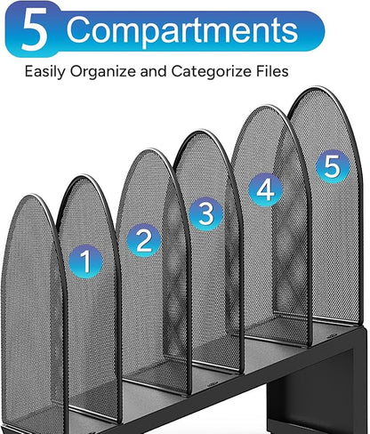 gianotter Desktop File Organizer, Desk Organizer with 5 Compartments, Paper Organizer for Desk, Workspace Organizers for Office Supplies (Black, Inclined Style)