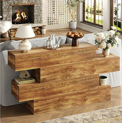 63" Long Farmhouse Console Table for Entryway, Modern Wooden Sofa Table Behind Couch, 4-Tier Storage Entry Table Hallway Table for Living Room, Unique Design Rustic Foyer Table, Walnut
