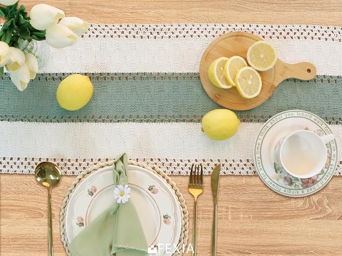 FEXIA Sage Green Table Runner 36 Inches Long with Tassels Boho for Summer Home Decor Rustic Macrame Farmhouse Table Cover for Wedding Party Bohemian Bridal Shower Dining Decorations(12x36 Inches)