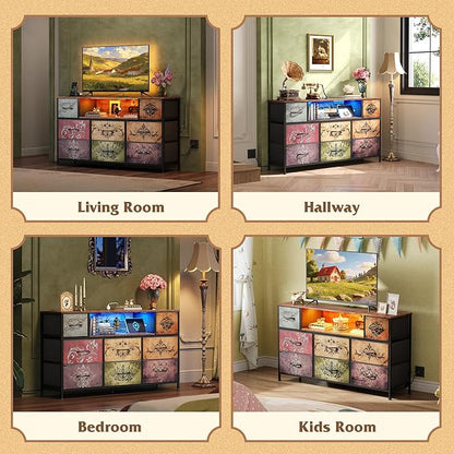 WLIVE Dresser TV Stand for 45, 50, 55 inch TV, Entertainment Center with LED Lights & Charging Station, Chest of Drawers with 8 Fabric Drawers and Open Shelves for Living Room, Hallway, Pattern
