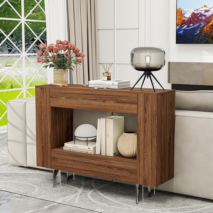 Narrow Console Table with Hidden Side Storage Cabinets, Adjustable Shelves, Farmhouse Entryway Sofa Table for Behind The Couch, Living Room, Hallway, Walnut