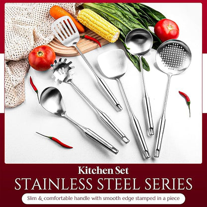 SATTUWARE 6 Pc Stainless Steel Cooking Utensils Set with Ergonomic Handles – Heat Resistant Kitchen Tools Includes Slotted Spatula, Skimmer Ladle, Spatula, Serving Spoon, Pasta Spoon Ideal for Cooking