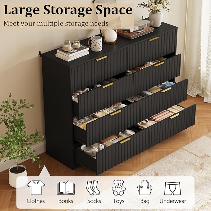 Fluted 8 Drawers Dresser for Bedroom, 55" Wide Wood Dressers Chest of Drawers with Metal Handle, Modern Dresser Storage Organizer for Living Room, Black