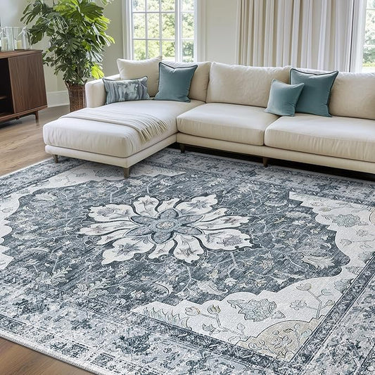 RELEANY Area Rugs 7'x9' Washable Non-Slip, Floral Vintage Distress Medallion Carpet for Living Room Bedroom Dining Room, Light Gray Grey White