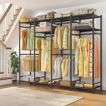 Raybee Portable Closet,Clothes Rack with 6 Hang Rods & 10 Shelves,Clothing Racks for Hanging Clothes,Metal Garment Rack for Bedroom,Large Capacity,Adjustable,Stury 77.9" W x 15.7" D x 76.8" H Black