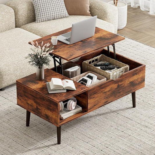 Wood Lift Top Coffee Table with Hidden Storage Compartment & Open Shelf, Multi-Functional Wooden Tabletop Dining Table for Living Room, Home Small Space