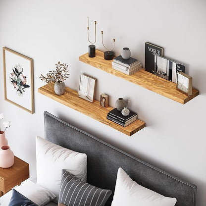 Howizz 36'' Pine Wood Floating Shelves for Wall- Set of 2 - Rustic Wall Mounted Wooden Shelf for Stylish Home Décor (Natural, 36x6.5x1.25) - 2pcs