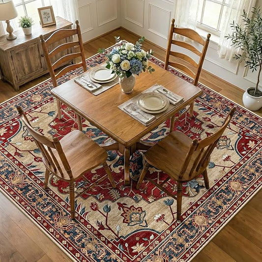 RELEANY Area Rugs Square 7ft Washable Non-Slip, Floral Vintage Distress Medallion Carpet for Living Room Bedroom Dining Room, Red Blue