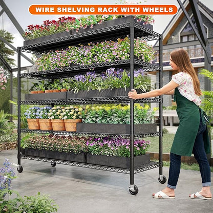 REIBII 85.7"H Garage Shelving 2998LBS Storage Shelves with Wheels&Feet,5 Tier Garage Shelves Heavy Duty Adjustable Wire Shelving for Basement Commercial Industrial Pantry, 85.7"H X 55.5"W X 24.2"D