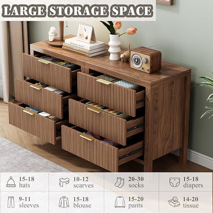 Nightstand with 6 Drawers, Dresser and Nightstand Sets, Bedside Tables, Mid Century Nightstands with 6 Wide Drawers for Bedroom, Kids’ Room, Hallway, （Walnut X 2pcs）