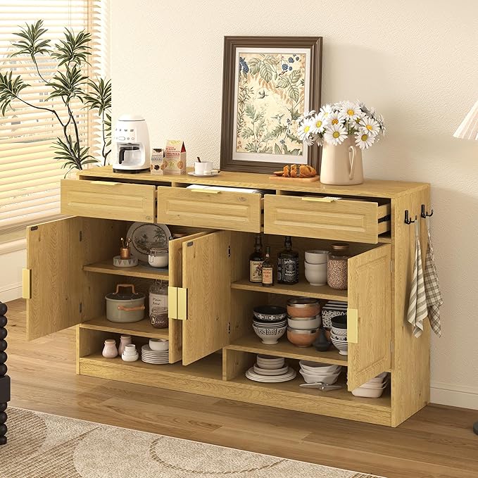 Sideboard Cabinet with 3 Drawers, 59.1" Multi-Functional Sideboard Buffet Cabinet with Storage, Buffet Table with Adjustable Shelf for Dining Room, Living Room, Entryway, Natural