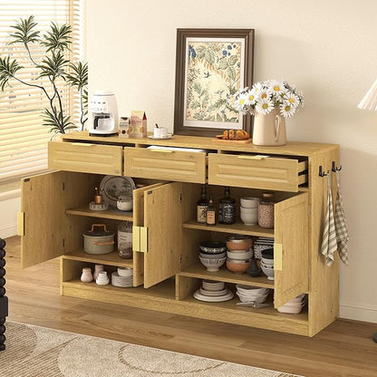 Sideboard Cabinet with 3 Drawers, 59.1" Multi-Functional Sideboard Buffet Cabinet with Storage, Buffet Table with Adjustable Shelf for Dining Room, Living Room, Entryway, Natural