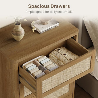 SICOTAS 4 Drawer Dresser for Bedroom-40.59'' Tall Rattan Bedroom Dressers with Oversized Drawers, Modern Wooden Chest of Drawers, Push-to-Open Storage Dresser for Closet, Nursery, Amber Oak, 2PCS