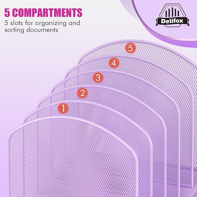 Inclined Desk File Organizer, 5-Section Vertical File Folder Holder Stand Metal Rack File Sorter for Office Classroom Desktop Organization (Purple, 2Pack)