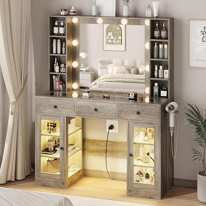 Grey Vanity Desk with Mirror and Lights, Glass Top Vanity with Lighted Mirror & RGB Glass Cabinet and 3 Drawers, Farmhouse Makeup Vanity Desk with Lights Dressing Table for Bedroom, 3 Color Modes