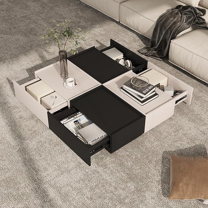Coffee Table with Storage,Modern Center Table with 4 Hidden Drawers for Living Room,Rectangle Coffee Table for Home Furniture,Bedroom,Black and Beige Gray