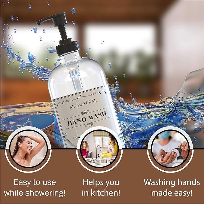 Sunrise Premium 16 OZ Thick Clear Glass Soap Dispenser with Pump 2 Pack, Hand and Dish Soap Dispenser Set for Bathroom and Kitchen with 6 Waterproof Labels