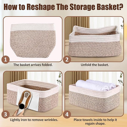 5-Pack Small Woven Rope Storage Baskets – 2 Sizes Organizer Bins for Closet, Shelf, Bookshelf, Nursery, Changing Table, Fabric Cube Boxes, Rectangular Shallow Bins for Bathroom, Toy & Home