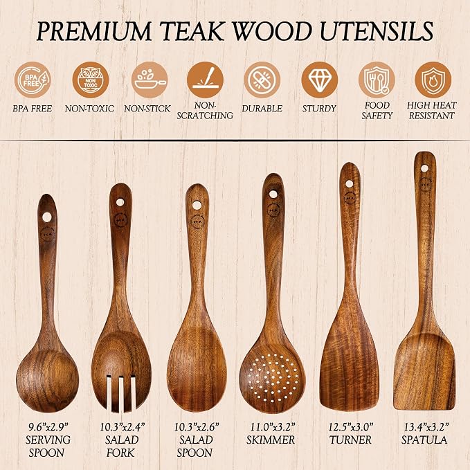 SOOMGYEOL SEOM 6-Piece Teak Wood Cooking Utensil Set | Wooden Spoons and Spatulas, Nonstick Safe, Heat Resistant, Natural Wooden Kitchen Tools