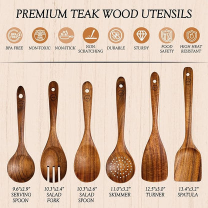 SOOMGYEOL SEOM 6-Piece Teak Wood Cooking Utensil Set | Wooden Spoons and Spatulas, Nonstick Safe, Heat Resistant, Natural Wooden Kitchen Tools