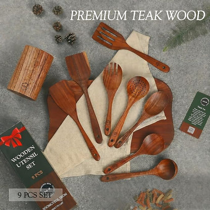 SOOMGYEOL SEOM 9-Piece Teak Wood Cooking Utensil Set with Holder | Wooden Spoons and Spatulas, Countertop Organizer, Heat Resistant, Kitchen Tools