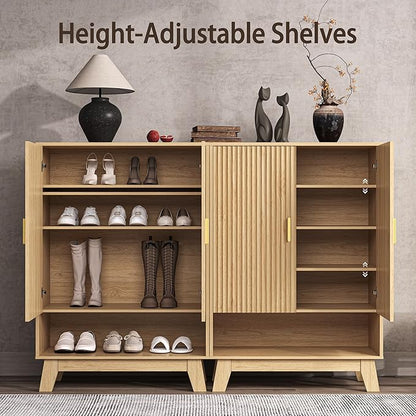 4-Tier Fluted Shoe Cabinet with 2 Doors & Open Shelf, Mid Century Modern Shoe Storage Organizer with Adjustable Shelves, Metal Handles & Wood Legs, Hidden Shoe Rack for Entryway, Hallway