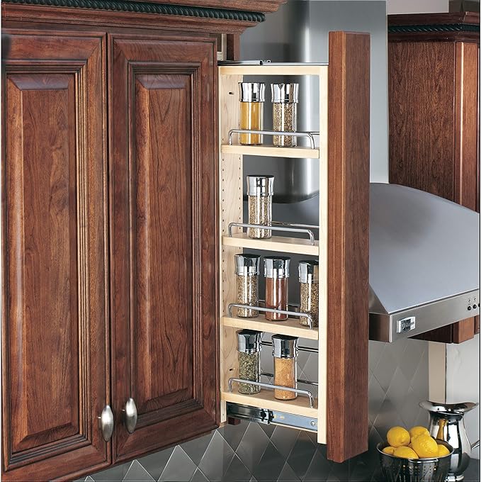 Rev-A-Shelf 3" W x 30" H Pullout Shelf Organizer for Between Wall Kitchen Cabinets, Filler Spice Rack & Seasoning Storage Holder, Maple Wood, 432-WF-3C