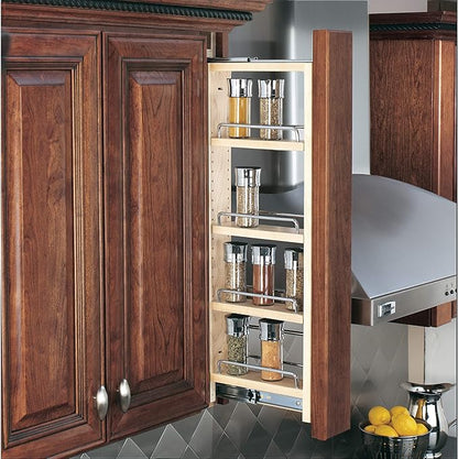 Rev-A-Shelf 3" W x 30" H Pullout Shelf Organizer for Between Wall Kitchen Cabinets, Filler Spice Rack & Seasoning Storage Holder, Maple Wood, 432-WF-3C