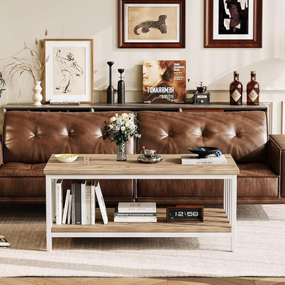 Coffee Table for Living Room with Slatted Sides Frame, Modern Farmhouse Living Room Table with 2-Tier Storage Shelf for Home Office, Apartment, 39 inch, Light Coffee