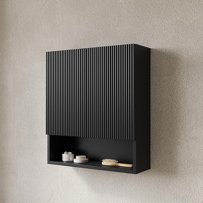 26" Wall-Mounted Striped Bathroom Cabinet, with Doors, Shelf and Open Storage Compartment Over The Toilet Storage Cabinet for Bathroom, Kitchen, Laundry Room, Black