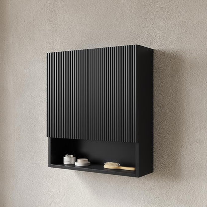 26" Wall-Mounted Striped Bathroom Cabinet, with Doors, Shelf and Open Storage Compartment Over The Toilet Storage Cabinet for Bathroom, Kitchen, Laundry Room, Black