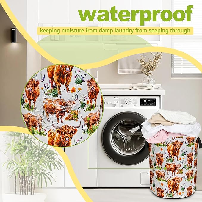 Highland Cow Laundry Basket Funny Cattle Foldable Waterproof Oxford Cloth Tote Bag Laundry Hamper Round Large Clothes Storage Bucket Toy Organizer For Bathroom/Laundry Storage/Bedroom 18.9x16.5 Inch
