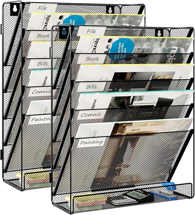 EasyPAG Mesh Wall File Organizer 5 Tier Letter-Sized Assemble Desk/Wall Mount File Holder Mail Organizer for Office Home and Classroom, 2 Pack Black