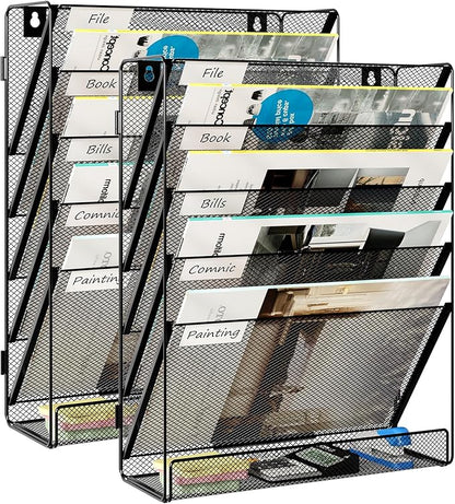 EasyPAG Mesh Wall File Organizer 5 Tier Letter-Sized Assemble Desk/Wall Mount File Holder Mail Organizer for Office Home and Classroom, 2 Pack Black