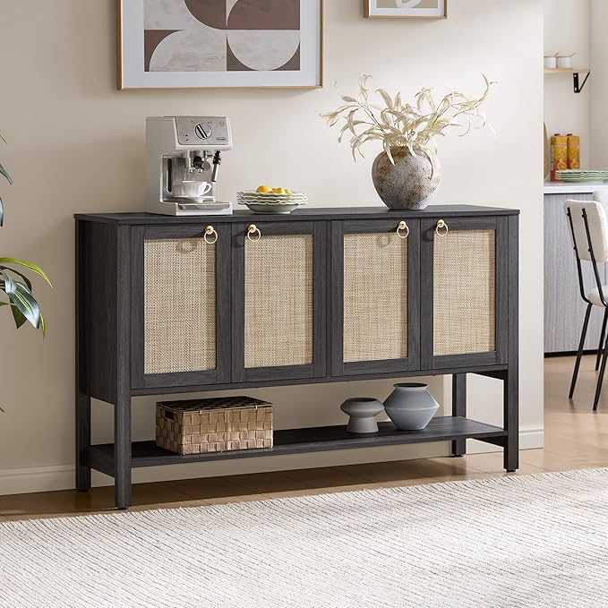 SICOTAS Rattan Sideboard Buffet Cabinet with Open Storage - Large Storage Cabinet with 4-Doors and Adjustable Shelves, Boho Credenza Coffee Bar Cabinets Buffet Table Console Table (1, Obsidian)