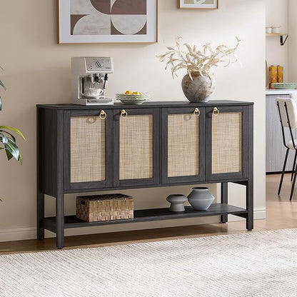 SICOTAS Rattan Sideboard Buffet Cabinet with Open Storage - Large Storage Cabinet with 4-Doors and Adjustable Shelves, Boho Credenza Coffee Bar Cabinets Buffet Table Console Table (1, Obsidian)