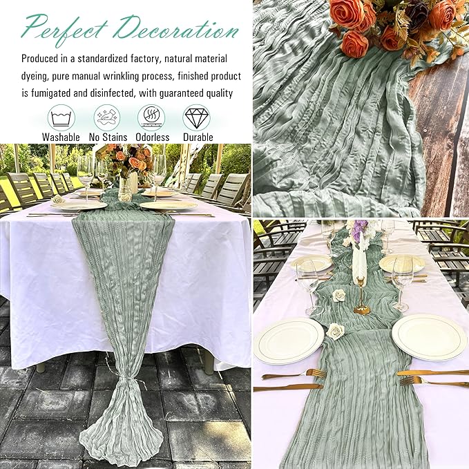 16 Pack Sage Green Cheesecloth Table Runner Rustic Gauze 22 x 108 inch Cheese Cloth Table Runners for Wedding Bridal Shower Birthday Party Table Runner Thanksgiving Christmas Decor