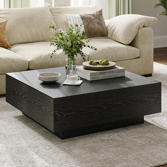 POVISON Modern Square Coffee Table with Drawers, 39.37" Wood Coffee Table for Living Room Home Office, Fully-Assembled Black