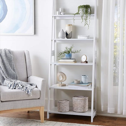 Amazon Basics 5-Tier Ladder Bookshelf Storage Organizer for Small Space, Easy to Assemble, Solid Rubberwood Frame, White Finish, 14D x 24.8W x 70.1H in