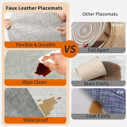 Maxpearl Round Placemats Set of 6, 13.8 inch Faux Leather Heat Resistant Table Mats, Non Slip Waterproof Wipeable Place Mats for Kitchen Dining Holiday Party Table Settings, Grey