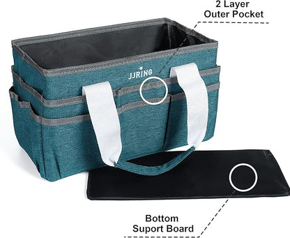 JJRING Craft Organizer Tote Bag for Art Storage, Caddy with Multiple Pockets, Bluish Green Sewing Bag for Scrapbooking, School, Medical, and Office Supplies